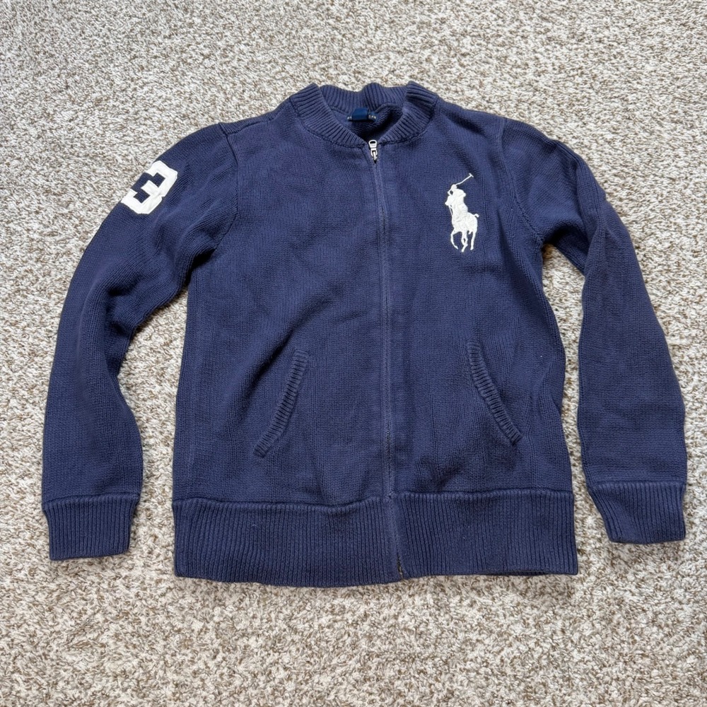 Polo Ralph Lauren Cardigan Boys L 14-16 Navy Blue Big Pony Full Zip Sweater